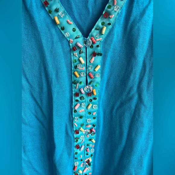 Storybook Knits Plus Size Pebble Beach Colorful Beaded Knit Blue Cardigan in 2X - Picture 4 of 8